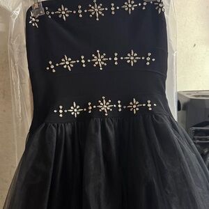 Saks 5th Ave Elegant Black Strapless Dress with Silver Embellishments
